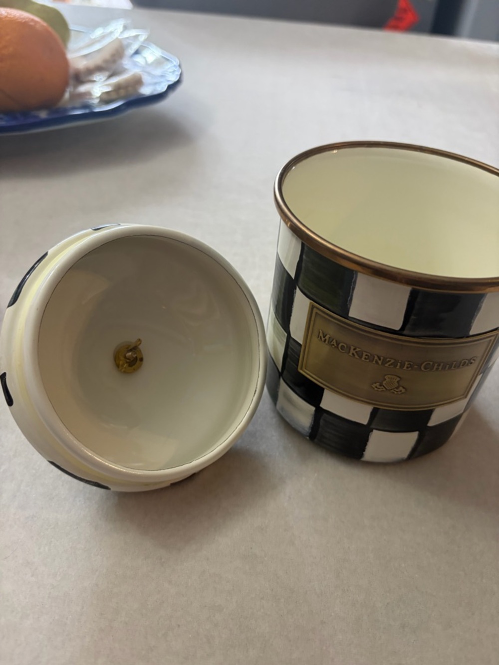 MacKenzie-Childs Black and White Checkered Ceramic Jar with Red Knob - Picture 5 of 11